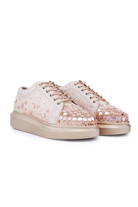 Anaar Rose Gold Embellished Main Squeeze Sequin Scatter Sneakers 