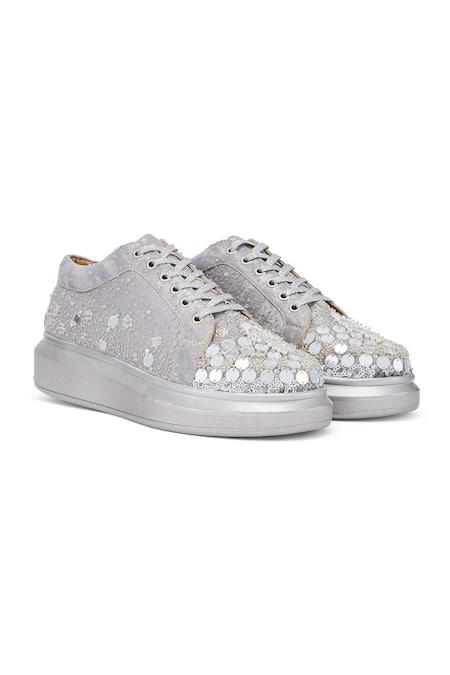 Anaar Silver Embellished Oh Em Gees Sequin Sneakers 