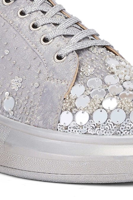 Anaar Silver Sequin Embellished Sneakers at Aza Fashions Anaar_Silver Sequin Embellished Sneakers _at_Aza_Fashions