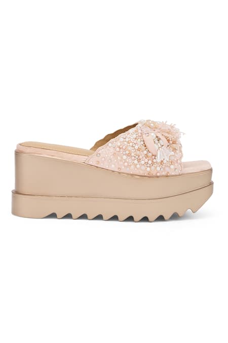 Anaar Rose Gold Embroidery, Rhinestones Embellished Wedge Sandals Online at Aza Fashions Anaar_Rose Gold Embroidery, Rhinestones Embellished Wedge Sandals _Online_at_Aza_Fashions