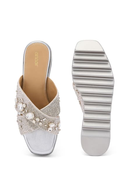 Shop Anaar Silver Sequins, Beads, Crystals Be My Hero Embellished Wedge Sandals at Aza Fashions Shop_Anaar_Silver Sequins, Beads, Crystals Be My Hero Embellished Wedge Sandals _at_Aza_Fashions