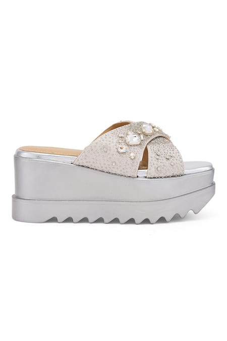 Anaar Silver Sequins, Beads, Crystals Be My Hero Embellished Wedge Sandals Online at Aza Fashions Anaar_Silver Sequins, Beads, Crystals Be My Hero Embellished Wedge Sandals _Online_at_Aza_Fashions