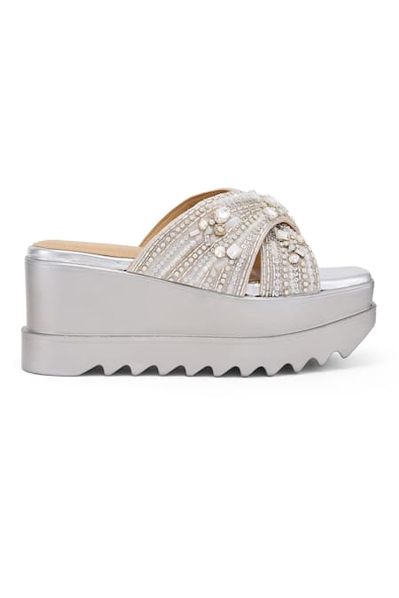 Anaar Silver Sequins, Beads, Crystals Reign Supreme Jewel Embellished Wedge Sandals Online at Aza Fashions Anaar_Silver Sequins, Beads, Crystals Reign Supreme Jewel Embellished Wedge Sandals _Online_at_Aza_Fashions