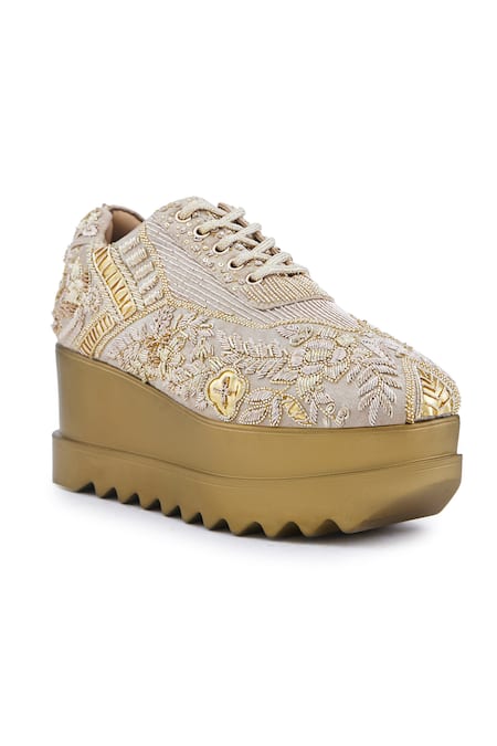 Anaar_Rose Gold Noorani Sadi Floral Embroidered Wedge Sneakers _Online_at_Aza_Fashions