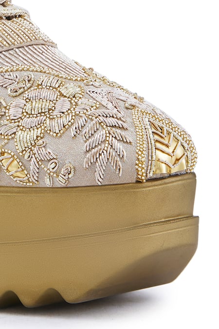 Shop_Anaar_Rose Gold Noorani Sadi Floral Embroidered Wedge Sneakers _Online_at_Aza_Fashions