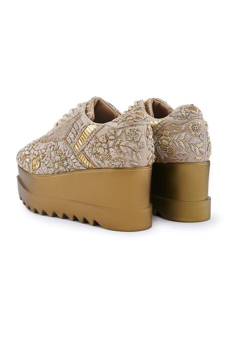 Anaar_Rose Gold Noorani Sadi Floral Embroidered Wedge Sneakers _at_Aza_Fashions