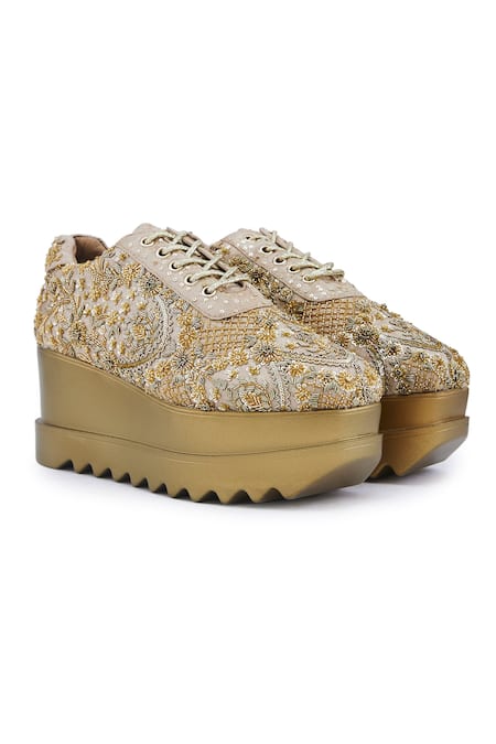 Anaar Gold Embellished Elegante Zardozi Embroidered Wedge Sneakers 