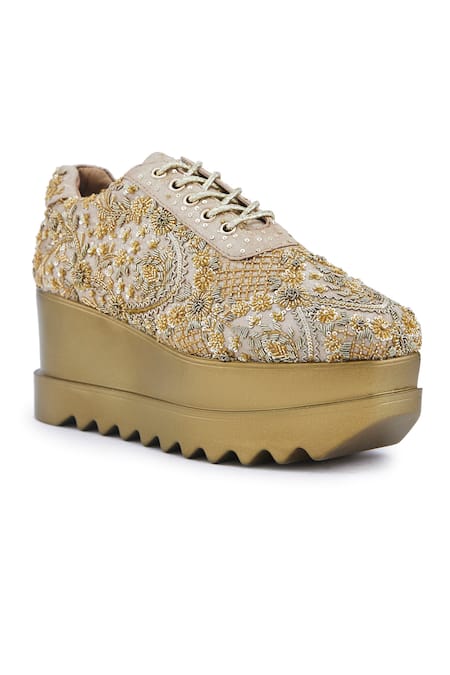 Buy Anaar Gold Elegante Zardozi Embroidered Wedge Sneakers Online at Aza Fashions Buy_Anaar_Gold Elegante Zardozi Embroidered Wedge Sneakers _Online_at_Aza_Fashions