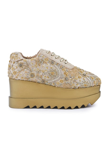 Shop Anaar Gold Elegante Zardozi Embroidered Wedge Sneakers Online at Aza Fashions Shop_Anaar_Gold Elegante Zardozi Embroidered Wedge Sneakers _Online_at_Aza_Fashions