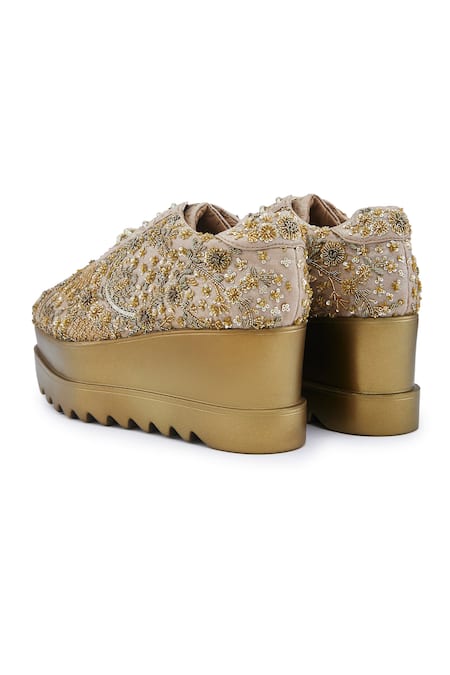 Anaar Gold Elegante Zardozi Embroidered Wedge Sneakers at Aza Fashions Anaar_Gold Elegante Zardozi Embroidered Wedge Sneakers _at_Aza_Fashions