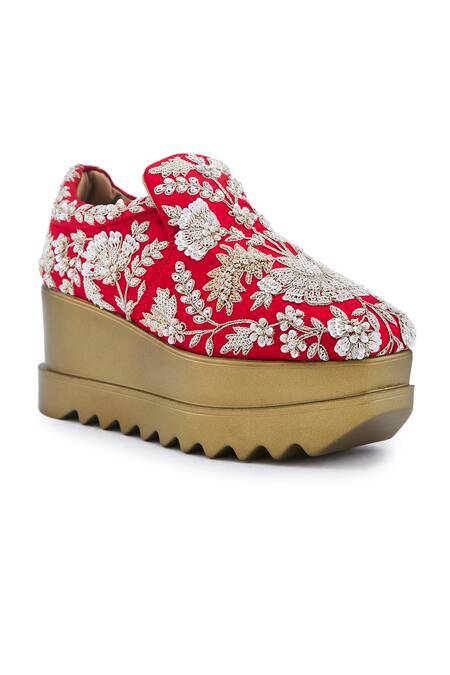 Anaar_Red Lady Rouge Zardozi Embroidered Wedge Sneakers_Online_at_Aza_Fashions