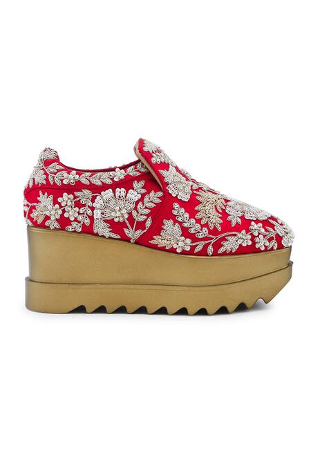 Buy_Anaar_Red Lady Rouge Zardozi Embroidered Wedge Sneakers_Online_at_Aza_Fashions