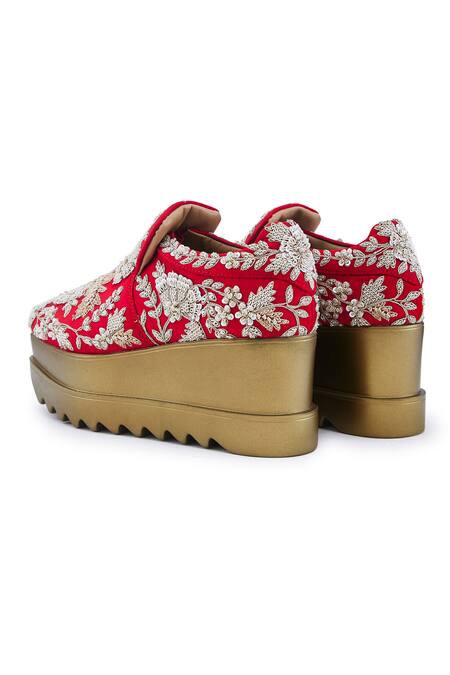 Anaar_Red Lady Rouge Zardozi Embroidered Wedge Sneakers_at_Aza_Fashions