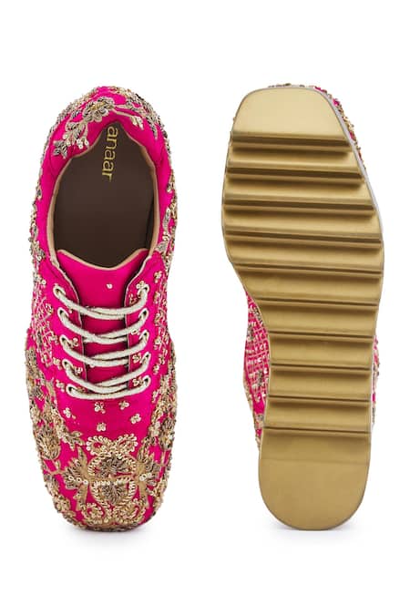 Anaar_Fuchsia Embroidery, Beads, Sequins Swoon Town Marodi Wedge Sneakers _Online_at_Aza_Fashions