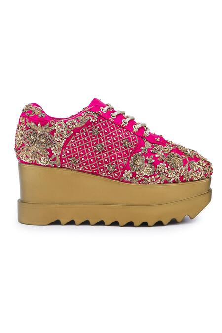 Shop_Anaar_Fuchsia Embroidery, Beads, Sequins Swoon Town Marodi Wedge Sneakers _Online_at_Aza_Fashions