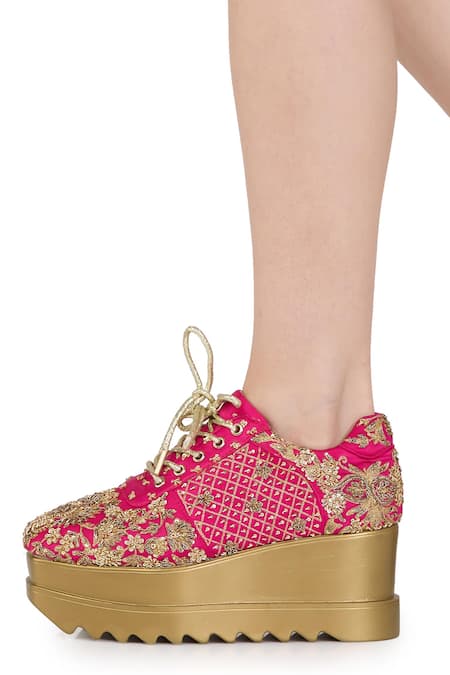 Shop_Anaar_Fuchsia Embroidery, Beads, Sequins Swoon Town Marodi Wedge Sneakers 