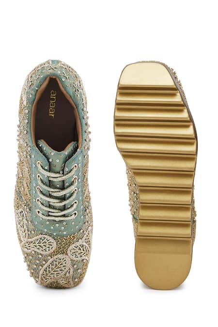 Anaar Green Gaia Bead Embellished Geometric Wedge Sneakers Online at Aza Fashions Anaar_Green Gaia Bead Embellished Geometric Wedge Sneakers _Online_at_Aza_Fashions