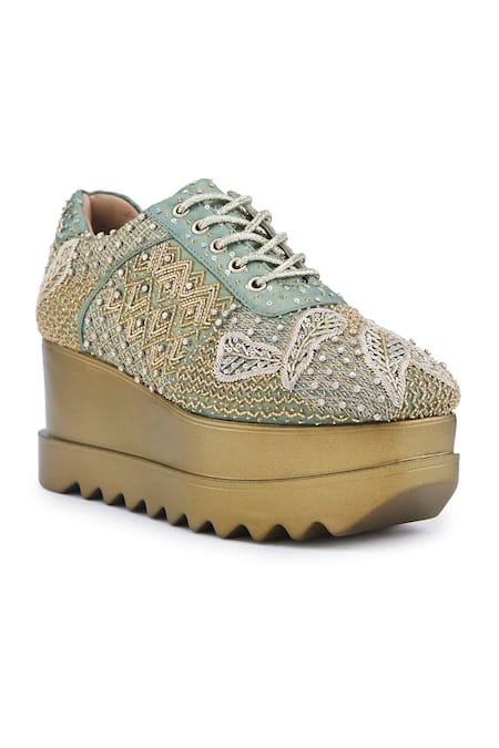 Buy Anaar Green Gaia Bead Embellished Geometric Wedge Sneakers Online at Aza Fashions Buy_Anaar_Green Gaia Bead Embellished Geometric Wedge Sneakers _Online_at_Aza_Fashions