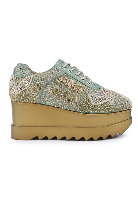 Shop Anaar Green Gaia Bead Embellished Geometric Wedge Sneakers Online at Aza Fashions Shop_Anaar_Green Gaia Bead Embellished Geometric Wedge Sneakers _Online_at_Aza_Fashions