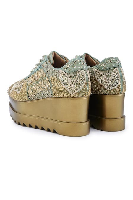 Anaar Green Gaia Bead Embellished Geometric Wedge Sneakers at Aza Fashions Anaar_Green Gaia Bead Embellished Geometric Wedge Sneakers _at_Aza_Fashions