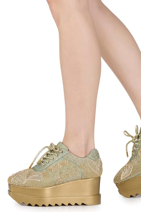 Shop Anaar Green Gaia Bead Embellished Geometric Wedge Sneakers Shop_Anaar_Green Gaia Bead Embellished Geometric Wedge Sneakers