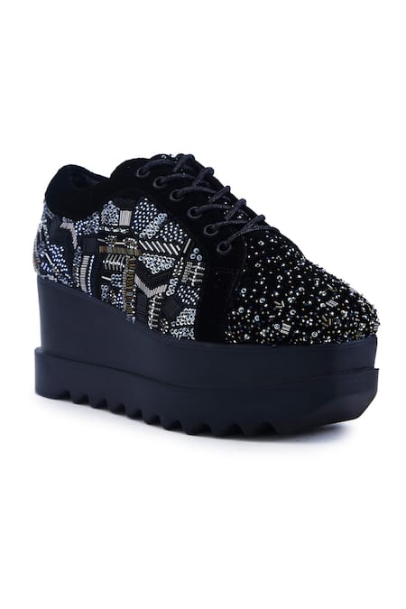 Buy_Anaar_Black No Nazar Geometric Embroidered Wedge Sneakers _Online_at_Aza_Fashions