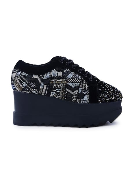 Shop_Anaar_Black No Nazar Geometric Embroidered Wedge Sneakers _Online_at_Aza_Fashions