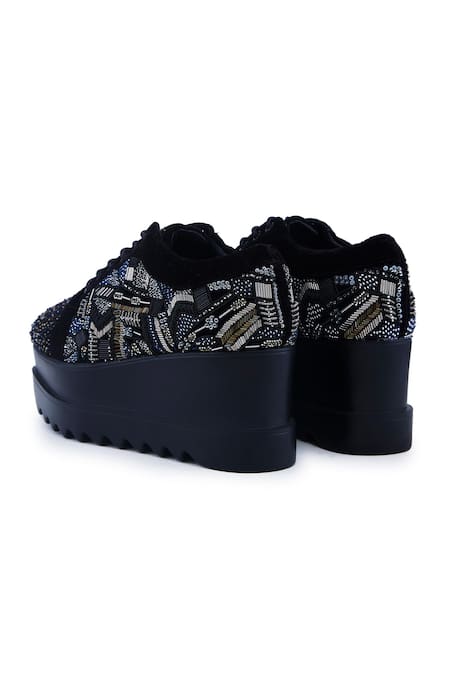 Anaar_Black No Nazar Geometric Embroidered Wedge Sneakers _at_Aza_Fashions