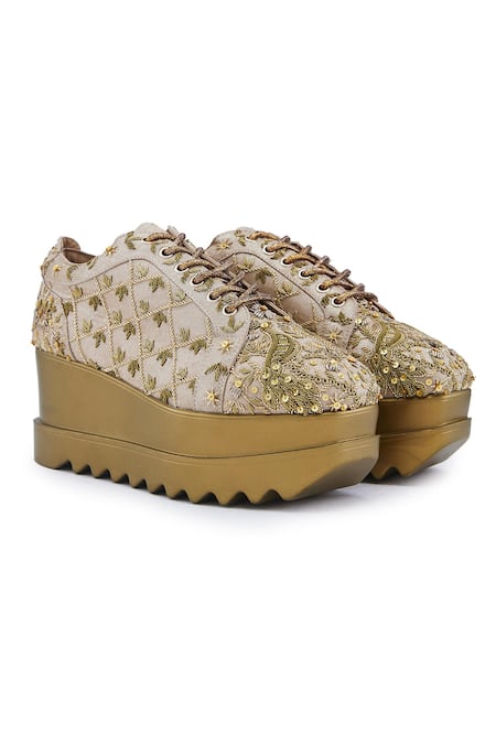 Anaar Gold Embellished Checkmate Peacock Embroidered Wedge Sneakers 