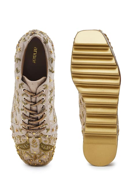 Anaar_Gold Checkmate Peacock Embroidered Wedge Sneakers _Online_at_Aza_Fashions