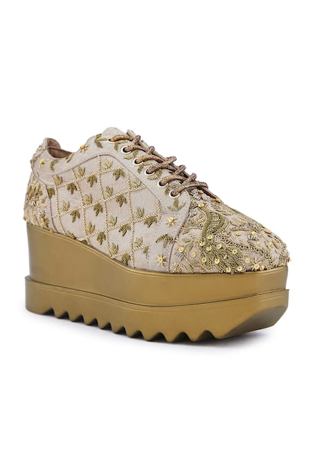 Buy_Anaar_Gold Checkmate Peacock Embroidered Wedge Sneakers _Online_at_Aza_Fashions