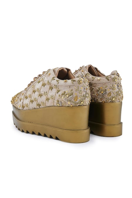 Anaar_Gold Checkmate Peacock Embroidered Wedge Sneakers _at_Aza_Fashions