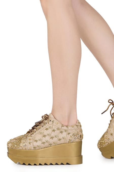 Shop_Anaar_Gold Checkmate Peacock Embroidered Wedge Sneakers 