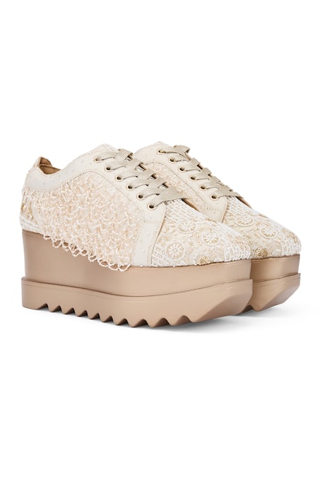 Anaar Ivory Embellished Thumka Crew Beaded Jaali Wedge Sneakers 