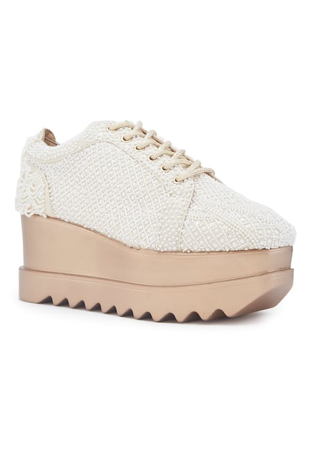 Buy_Anaar_Ivory Kulfi Couture Bead Embellished Wedge Sneakers _Online_at_Aza_Fashions