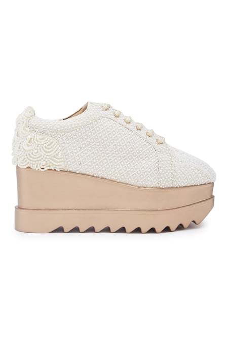 Shop_Anaar_Ivory Kulfi Couture Bead Embellished Wedge Sneakers _Online_at_Aza_Fashions