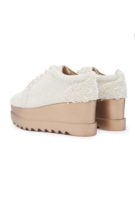Buy_Anaar_Ivory Kulfi Couture Bead Embellished Wedge Sneakers 