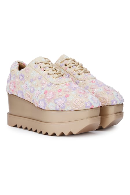 Anaar Beige Embellished Floral Polka Resham Embroidered Wedge Sneakers 