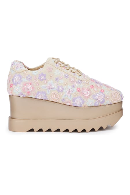 Buy_Anaar_Beige Embroidery Floral Polka Resham Wedge Sneakers _Online_at_Aza_Fashions