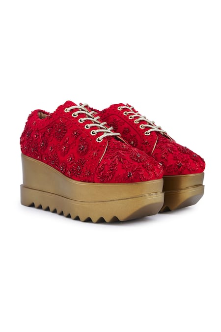 Anaar Red Embellished More Tonal Resham Embroidered Wedge Sneakers 