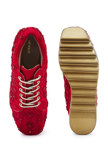 Anaar Red Embroidery, Sequins More Tonal Resham Wedge Sneakers Online at Aza Fashions Anaar_Red Embroidery, Sequins More Tonal Resham Wedge Sneakers _Online_at_Aza_Fashions