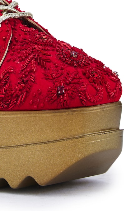 Buy Anaar Red Embroidery, Sequins More Tonal Resham Wedge Sneakers Buy_Anaar_Red Embroidery, Sequins More Tonal Resham Wedge Sneakers
