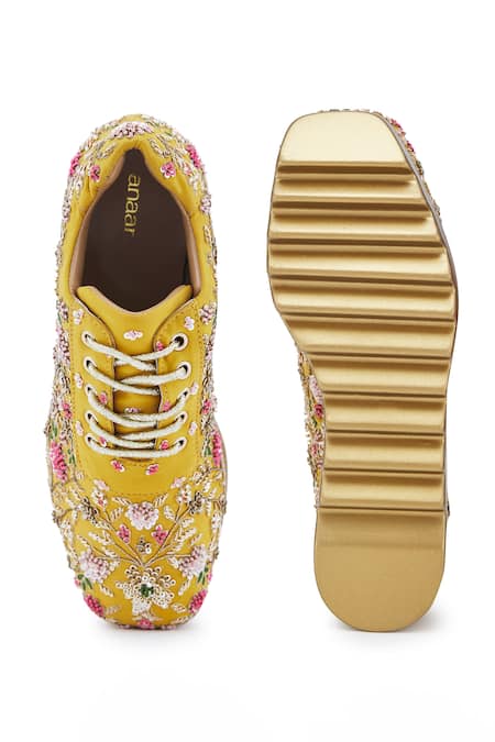 Anaar Yellow Embroidery, Sequins Eternal Sunshine Resham Wedge Sneakers Online at Aza Fashions Anaar_Yellow Embroidery, Sequins Eternal Sunshine Resham Wedge Sneakers _Online_at_Aza_Fashions