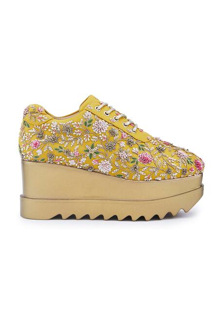 Shop Anaar Yellow Embroidery, Sequins Eternal Sunshine Resham Wedge Sneakers Online at Aza Fashions Shop_Anaar_Yellow Embroidery, Sequins Eternal Sunshine Resham Wedge Sneakers _Online_at_Aza_Fashions