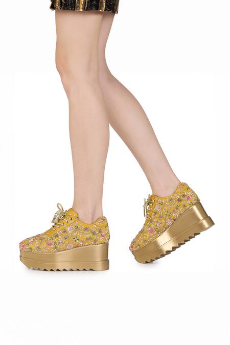 Shop Anaar Yellow Embroidery, Sequins Eternal Sunshine Resham Wedge Sneakers Shop_Anaar_Yellow Embroidery, Sequins Eternal Sunshine Resham Wedge Sneakers