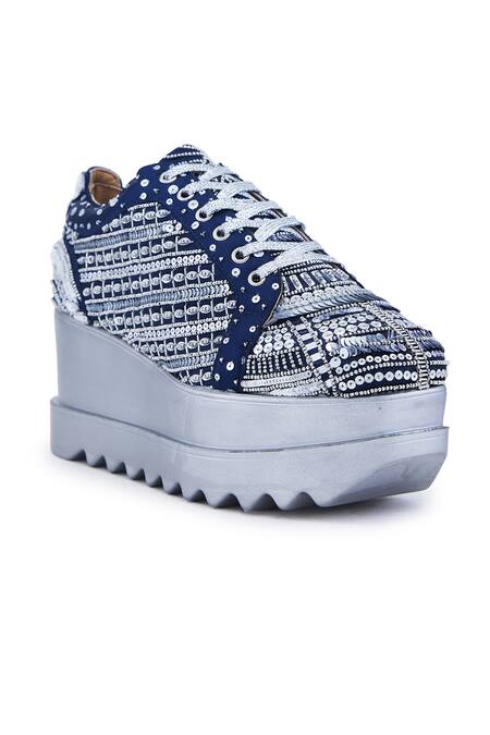 Buy Anaar Blue Triple Seven Stripe Embroidered Wedge Sneakers Online at Aza Fashions Buy_Anaar_Blue Triple Seven Stripe Embroidered Wedge Sneakers _Online_at_Aza_Fashions