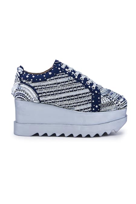 Shop Anaar Blue Triple Seven Stripe Embroidered Wedge Sneakers Online at Aza Fashions Shop_Anaar_Blue Triple Seven Stripe Embroidered Wedge Sneakers _Online_at_Aza_Fashions