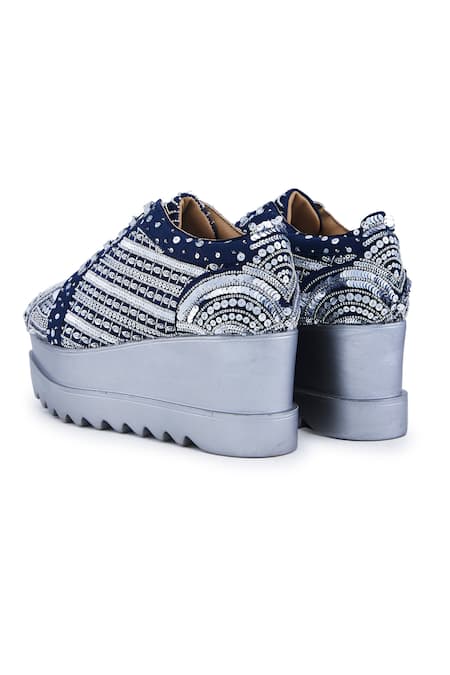 Anaar Blue Triple Seven Stripe Embroidered Wedge Sneakers at Aza Fashions Anaar_Blue Triple Seven Stripe Embroidered Wedge Sneakers _at_Aza_Fashions
