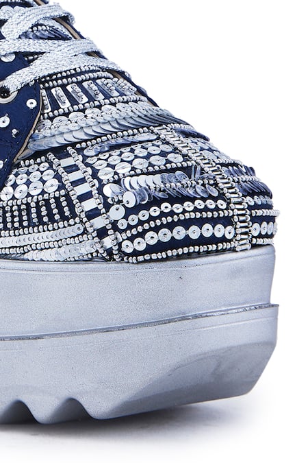 Buy Anaar Blue Triple Seven Stripe Embroidered Wedge Sneakers Buy_Anaar_Blue Triple Seven Stripe Embroidered Wedge Sneakers
