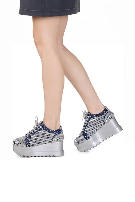 Shop Anaar Blue Triple Seven Stripe Embroidered Wedge Sneakers Shop_Anaar_Blue Triple Seven Stripe Embroidered Wedge Sneakers